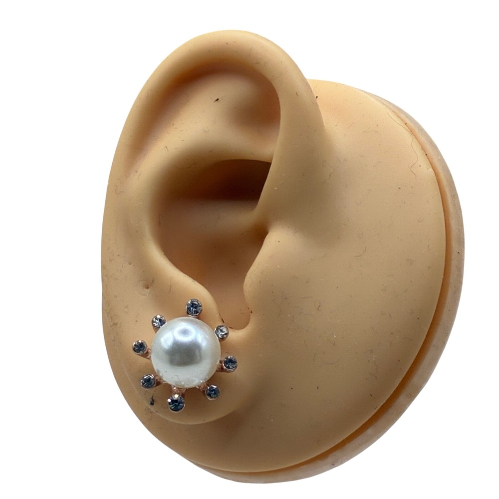 Rose Gold Tone Faux Pearl Blue Rhinestone Starburst Stud Earrings Vintage Style